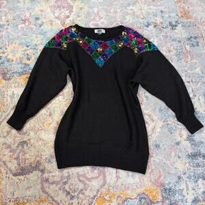 Vintage 80s / 90s retro black and sequin sweater / dress